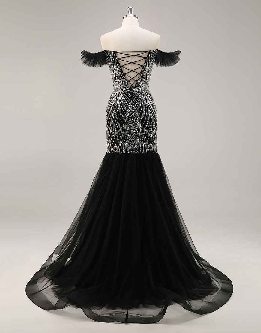 Sparkly Black Off the Shoulder Mermaid Long Prom Dress with Beading