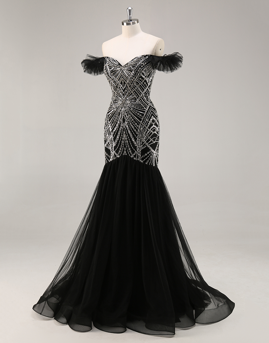 Sparkly Black Off the Shoulder Mermaid Long Prom Dress with Beading