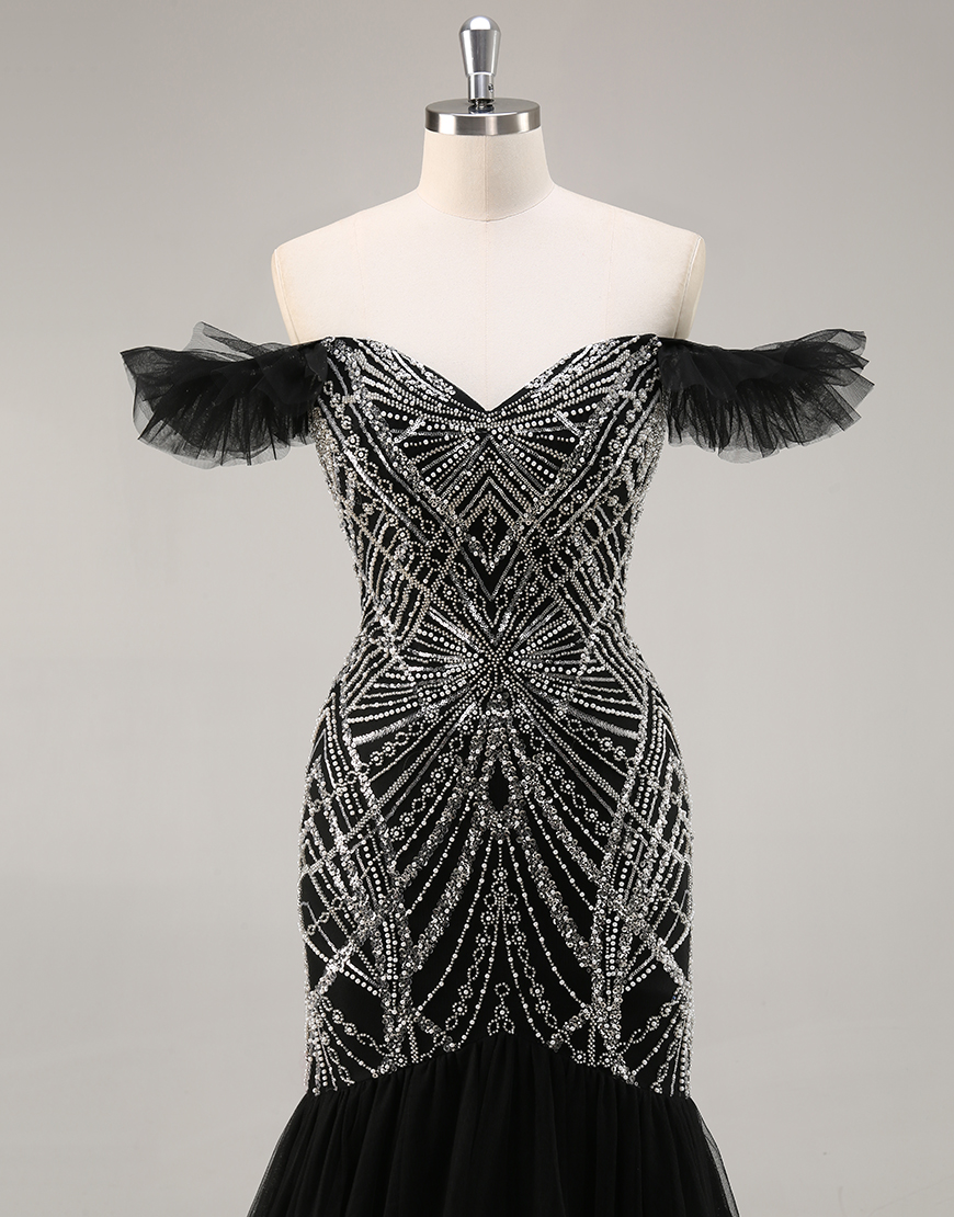 Sparkly Black Off the Shoulder Mermaid Long Prom Dress with Beading