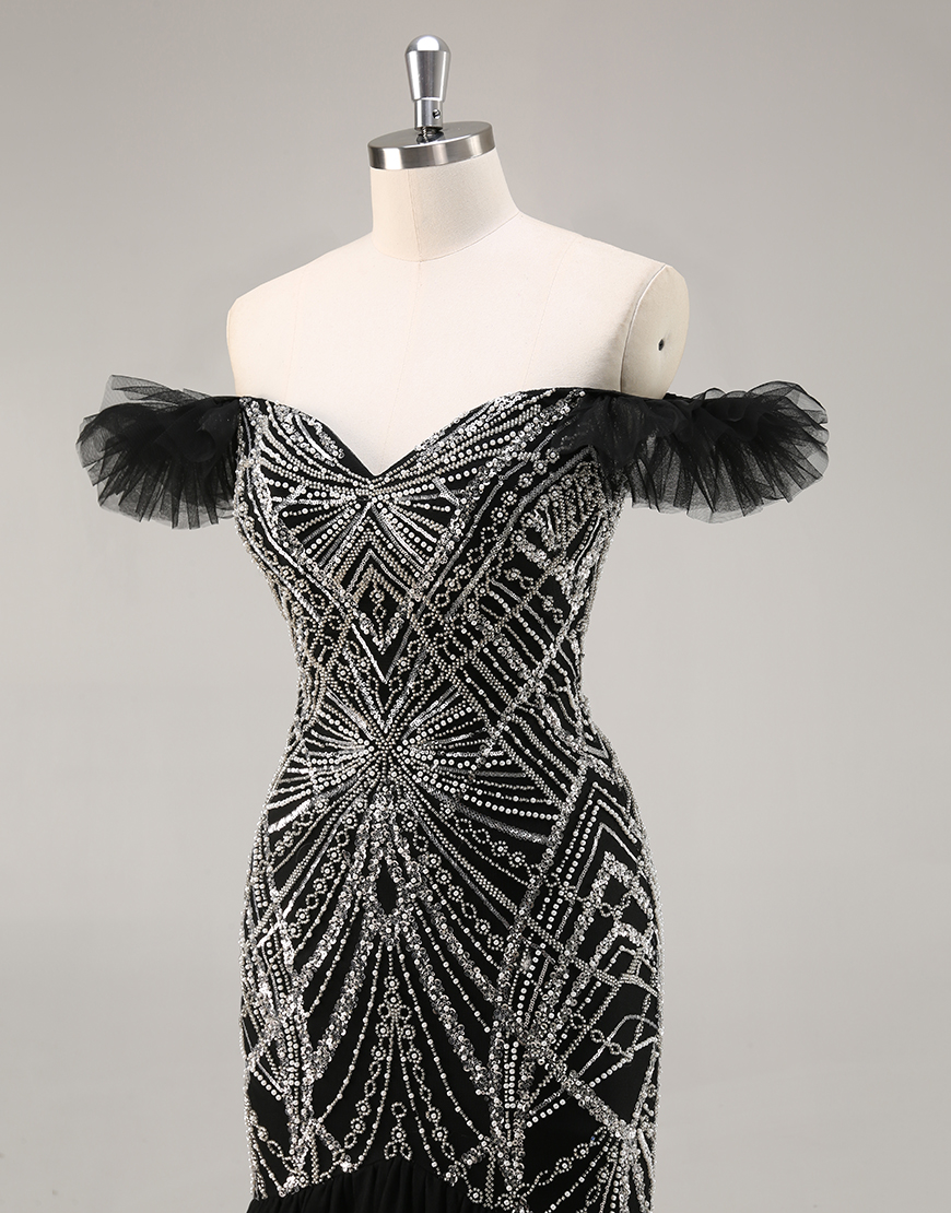 Sparkly Black Off the Shoulder Mermaid Long Prom Dress with Beading