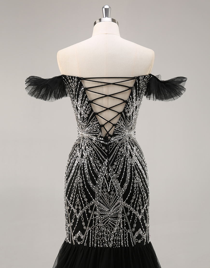 Sparkly Black Off the Shoulder Mermaid Long Prom Dress with Beading