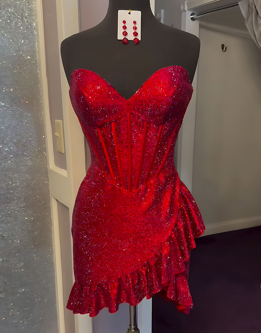 Sparkly Royal Blue Ruffled Short Corset Homecoming Dress with Beading