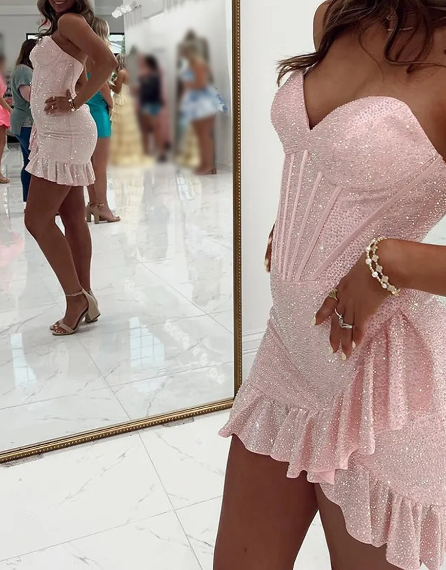 Sparkly Fuchsia Ruffled Short Corset Homecoming Dress with Beading