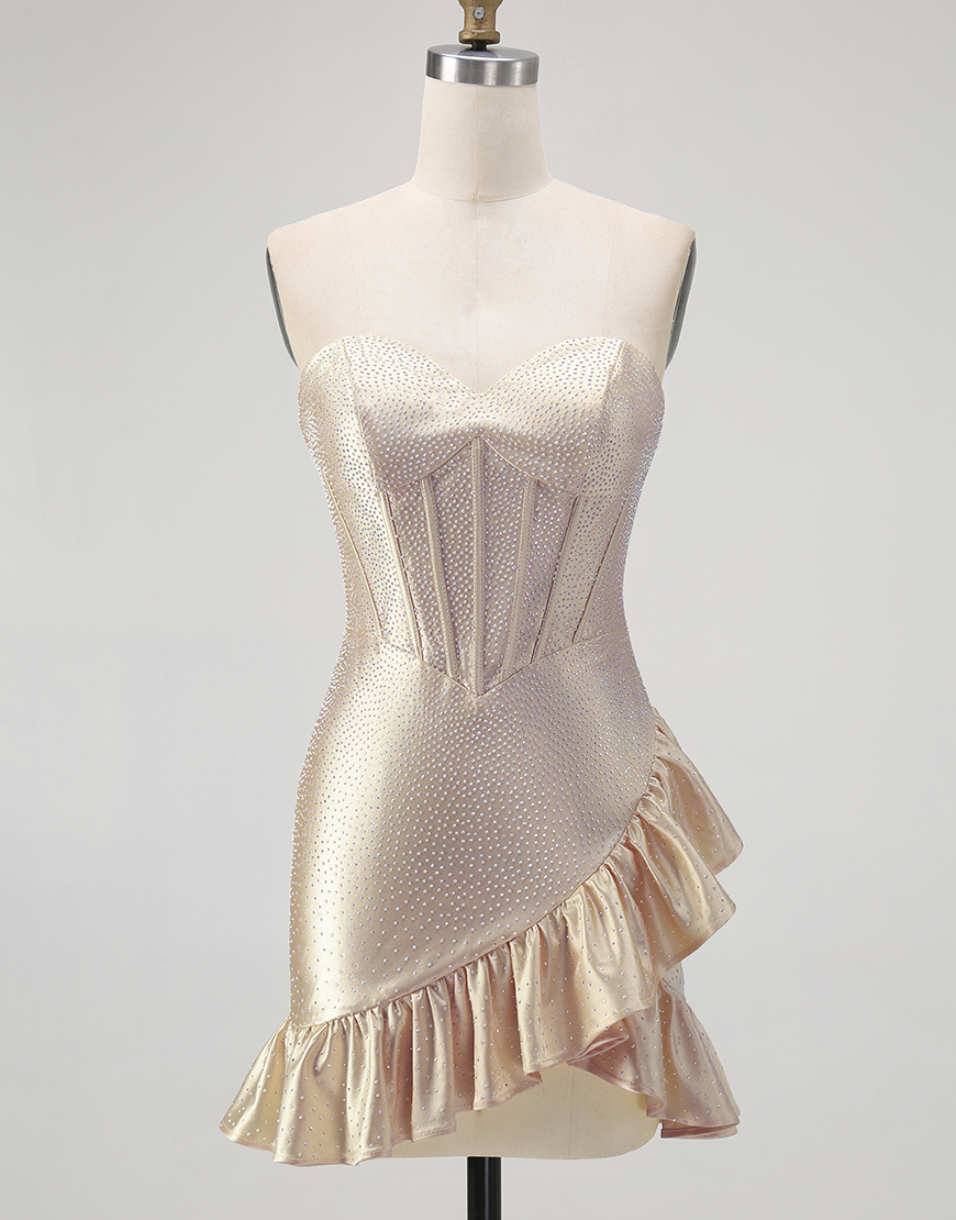 Sparkly Champagne Tight Ruffled Short Corset Homecoming Dress with Beading