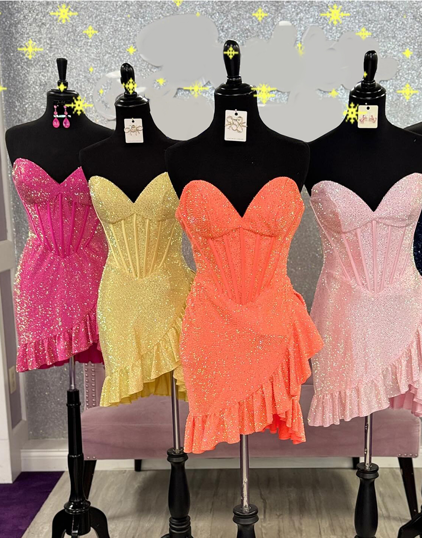 Sparkly Royal Blue Sequins Ruffled Short Corset Homecoming Dress