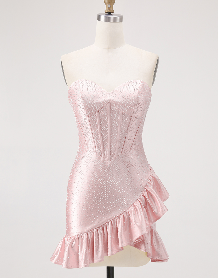 Sparkly Champagne Tight Ruffled Short Corset Homecoming Dress with Beading