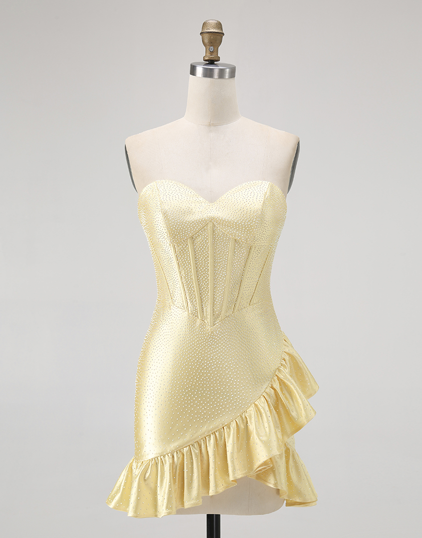 Berlinnova Women Sparkly Yellow Tight Short Corset Homecoming Dress Ruffled Sweetheart Hoco Dress with Beading