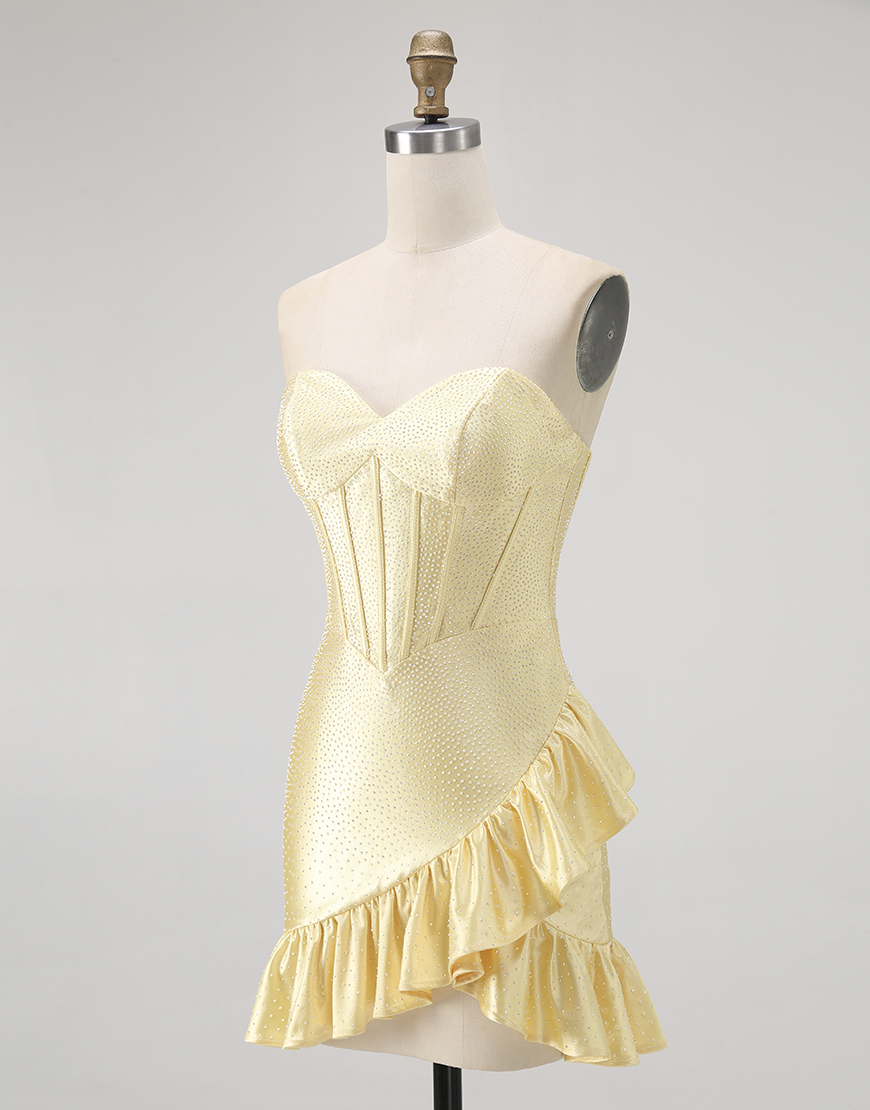 Sparkly Yellow Tight Ruffled Short Corset Homecoming Dress with Beading
