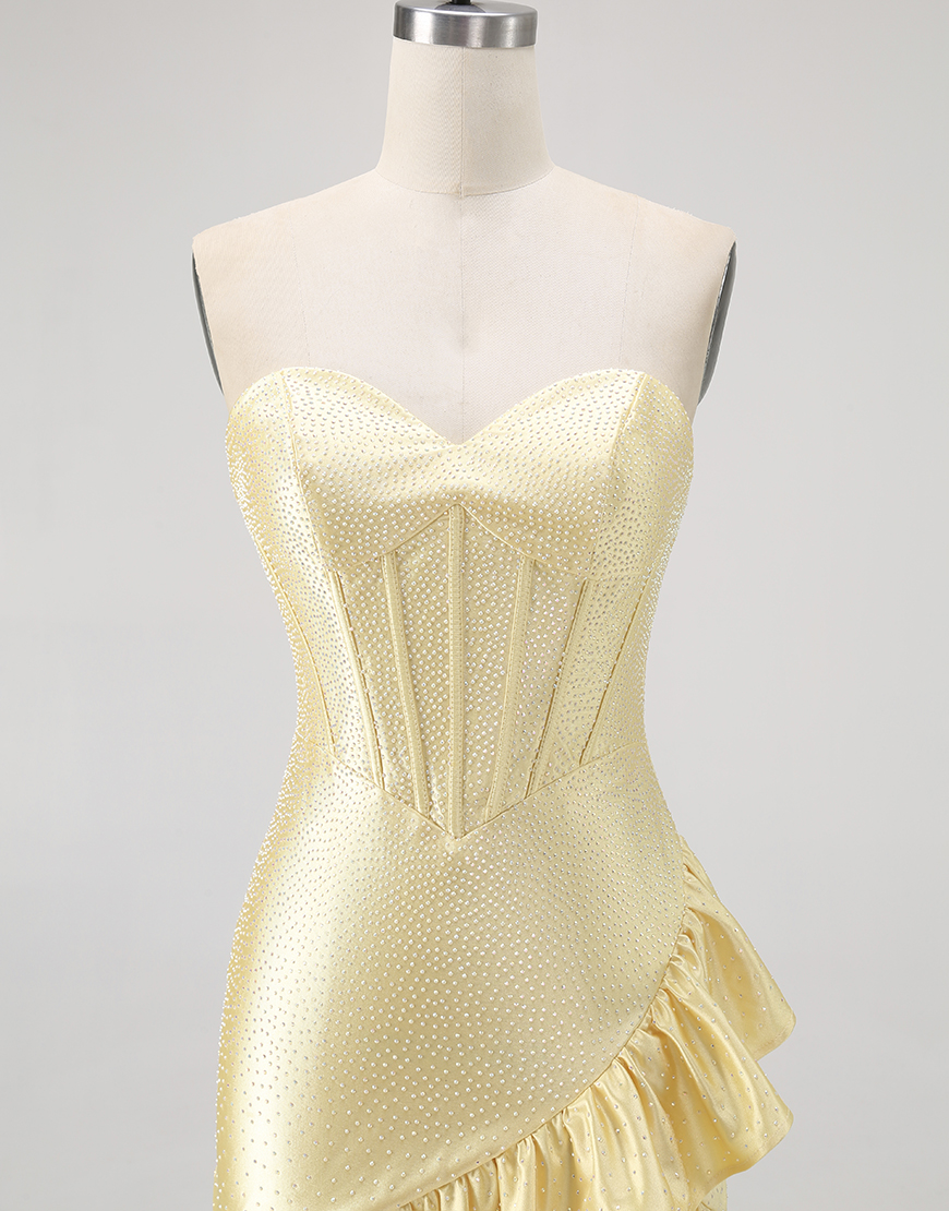 Sparkly Yellow Tight Ruffled Short Corset Homecoming Dress with Beading