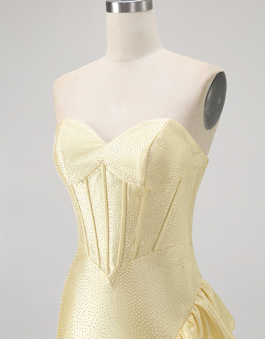 Sparkly Yellow Tight Ruffled Short Corset Homecoming Dress with Beading