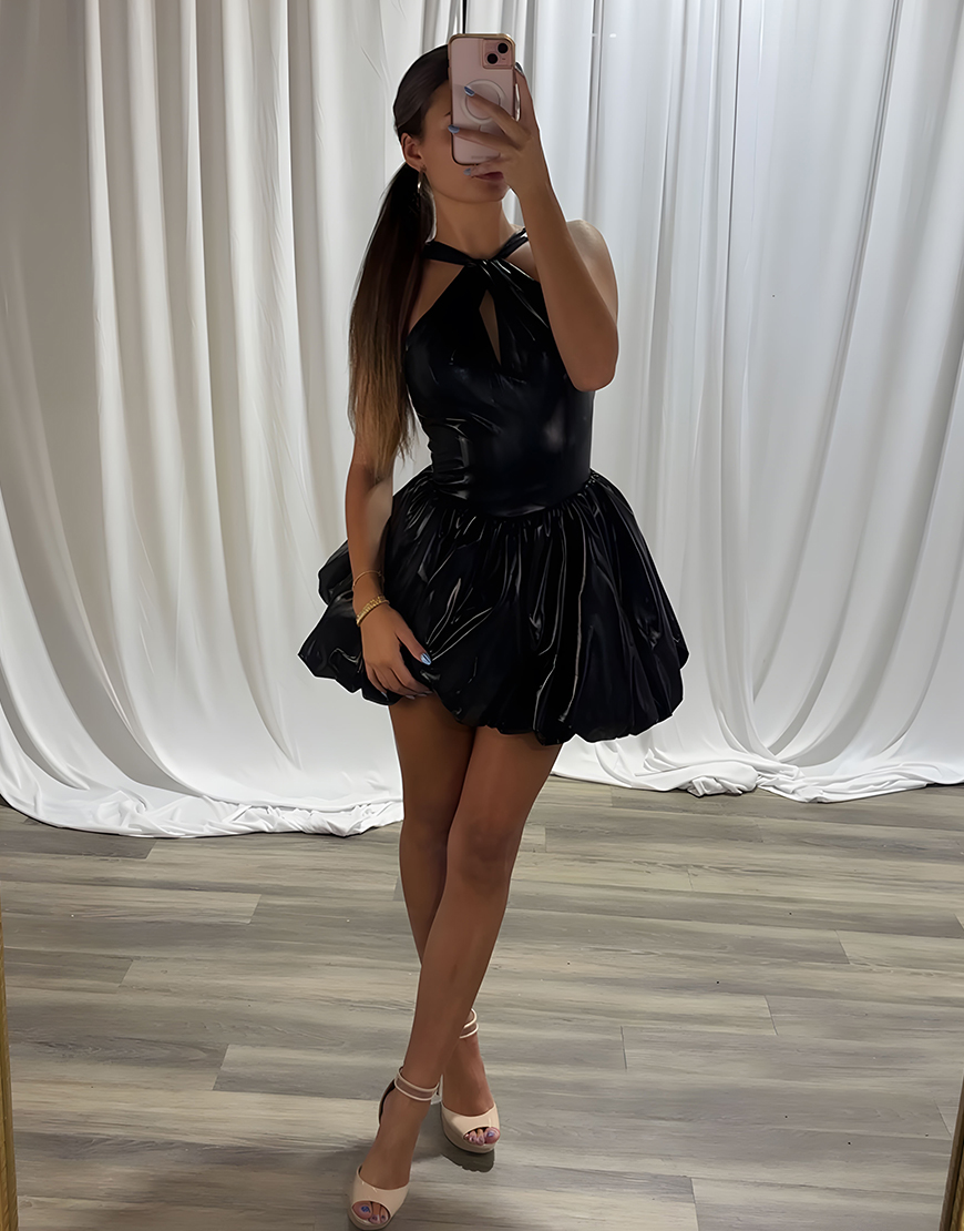 Black A Line Metallic Halter Short Homecoming Dress