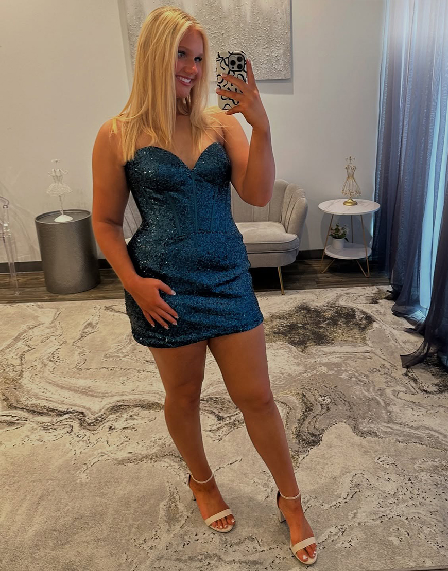 Sparkly Dark Blue Sequins Corset Tight Short Homecoming Dress