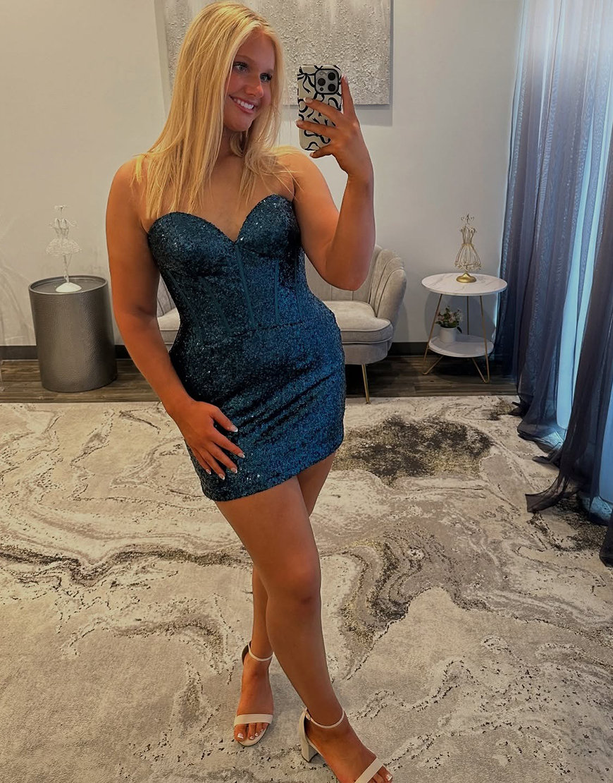 Sparkly Dark Blue Sequins Corset Tight Short Homecoming Dress