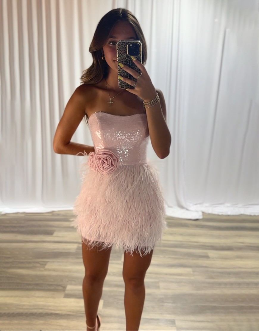 Sparkly Pink Floral Sequin Short Homecoming Dress with Feathers
