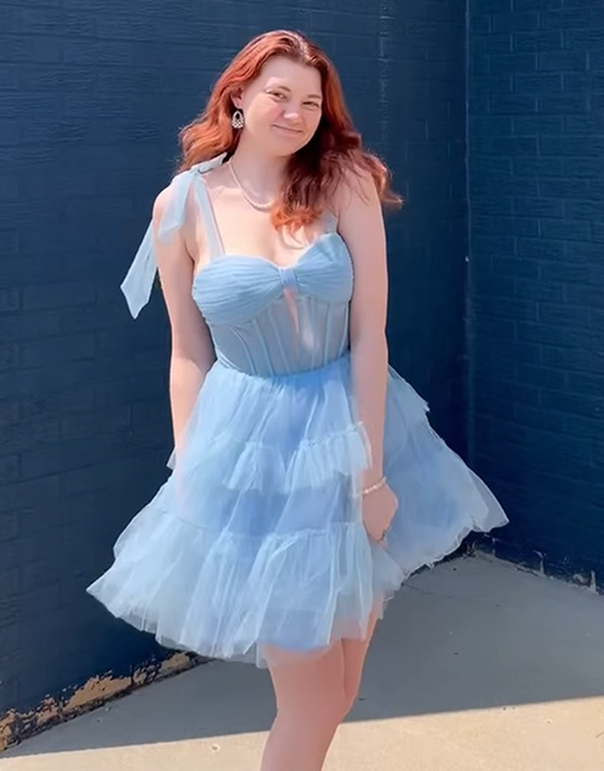 Grey Blue Corset Tulle A Line Short Homecoming Dress with Ruffles