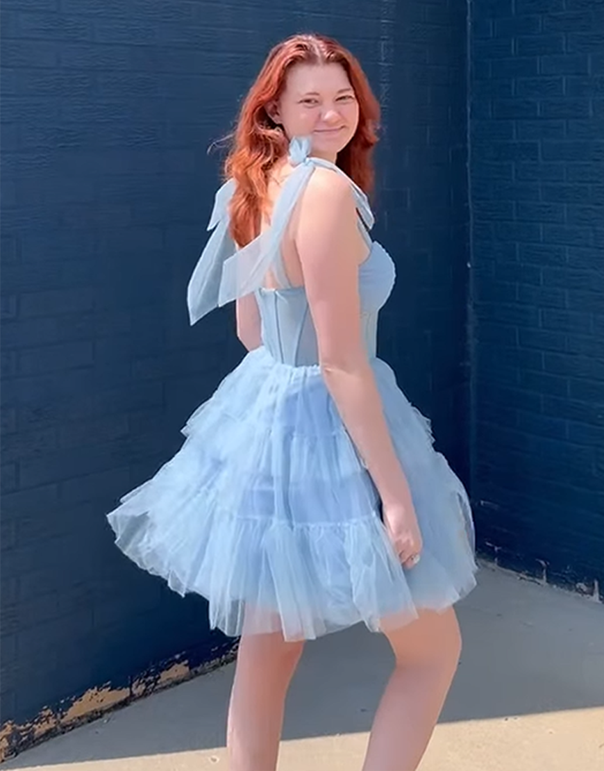 Grey Blue Corset Tulle A Line Short Homecoming Dress with Ruffles