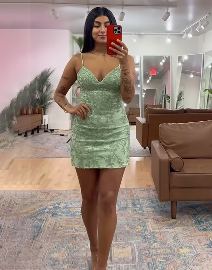 Sage Spaghetti Straps Lace Tight Short Homecoming Dress