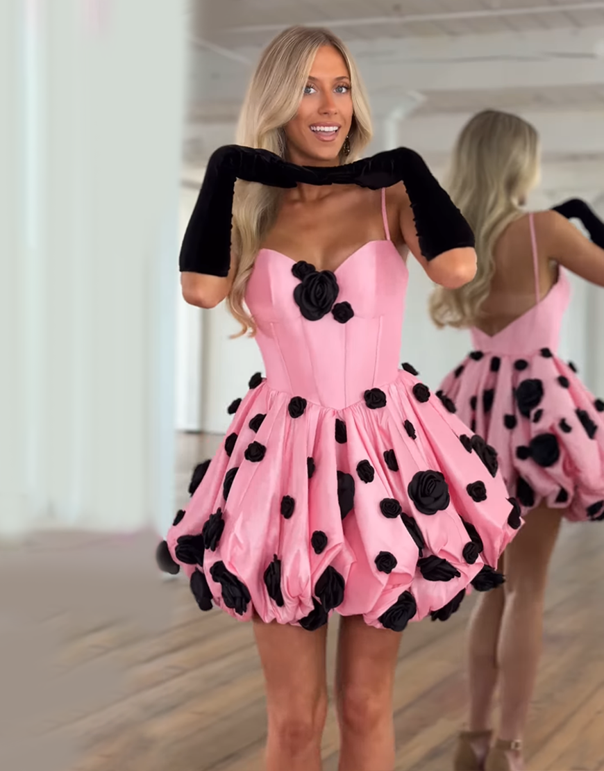 Pink Corset Satin A Line Short Homecoming Dress with 3D Flowers