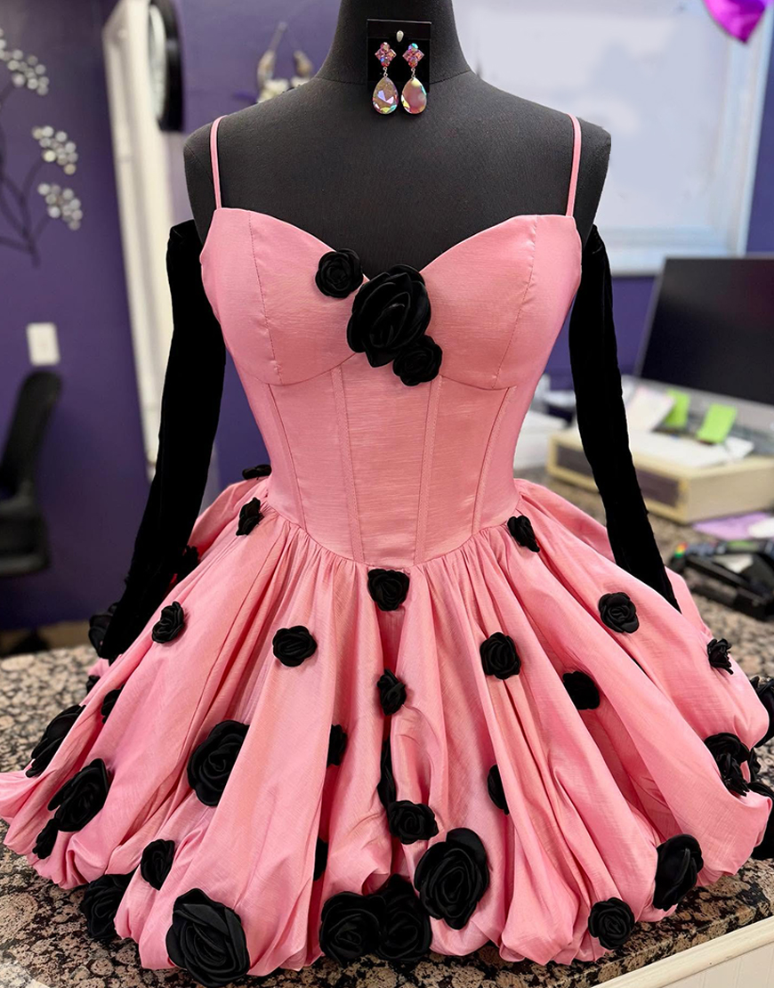 Pink Corset Satin A Line Short Homecoming Dress with 3D Flowers