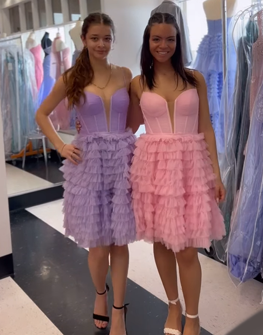 Pink Corset A Line Tiered Short Homecoming Dress with Ruffles