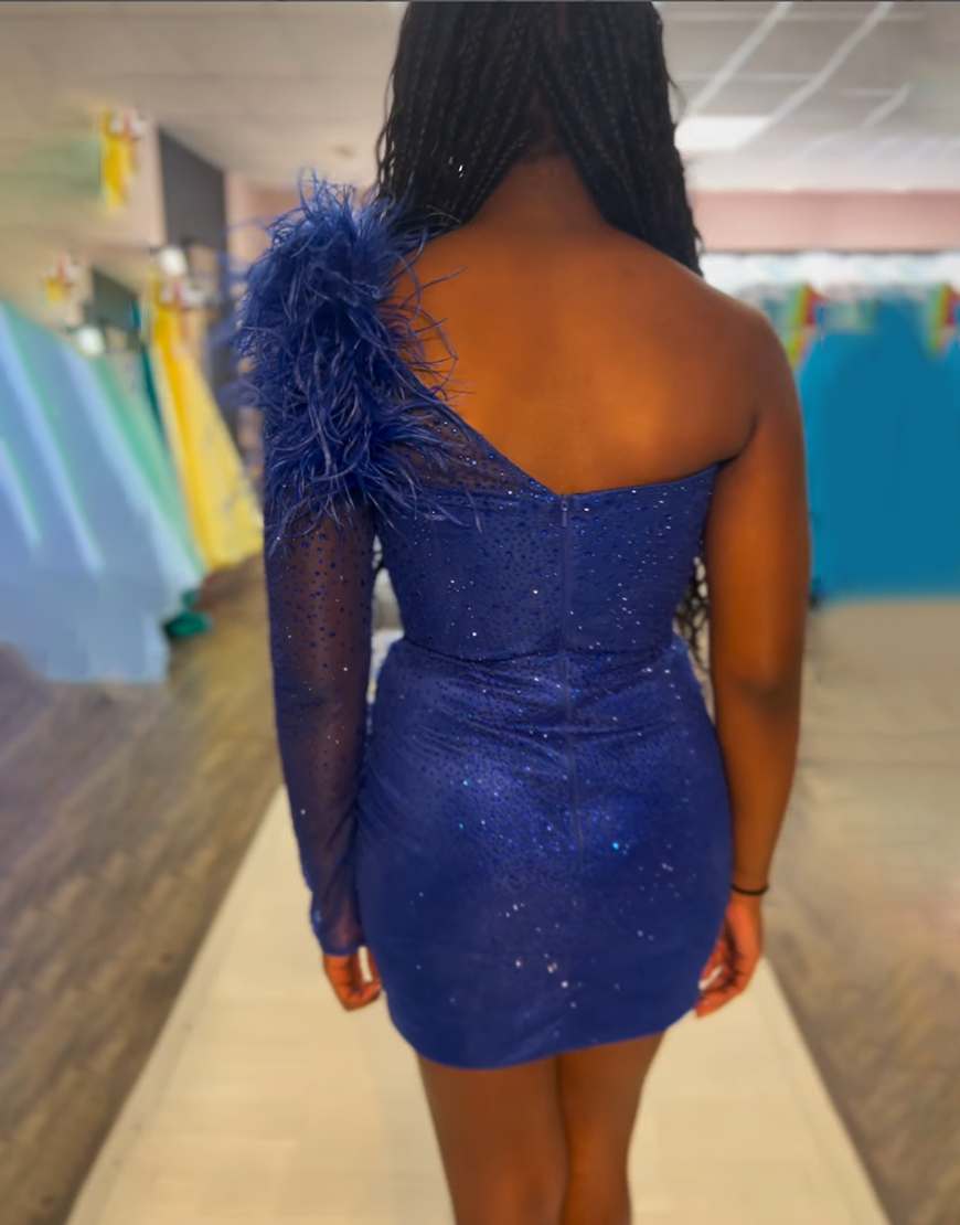 Sparkly Royal Blue Satin One Shoulder Short Homecoming Dress with Feathers
