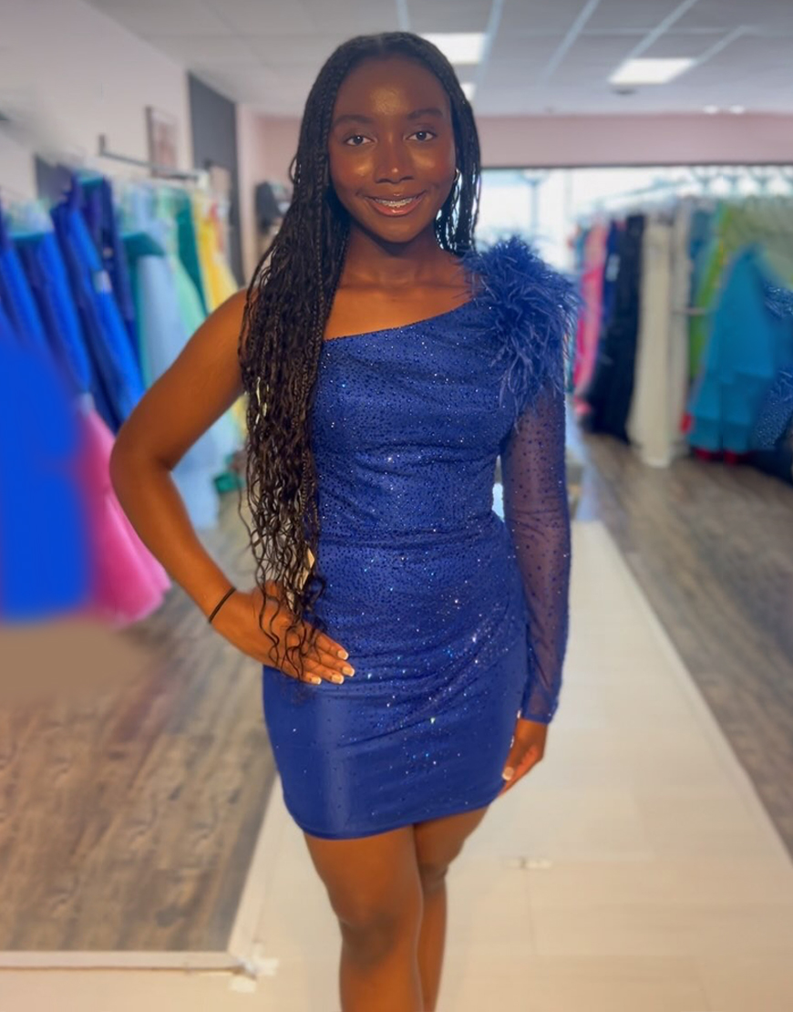 Sparkly Royal Blue Satin One Shoulder Short Homecoming Dress with Feathers