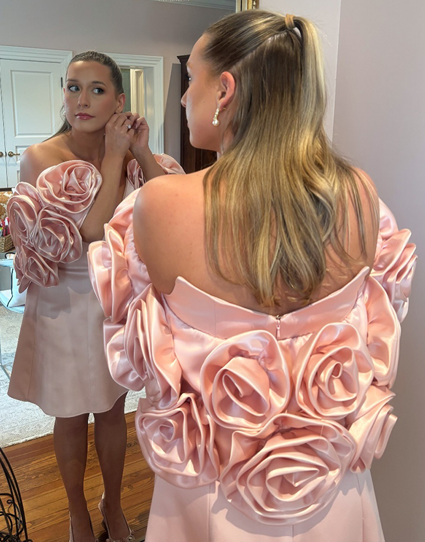 Pink A Line Short Satin Homecoming Dress with 3D Flowers