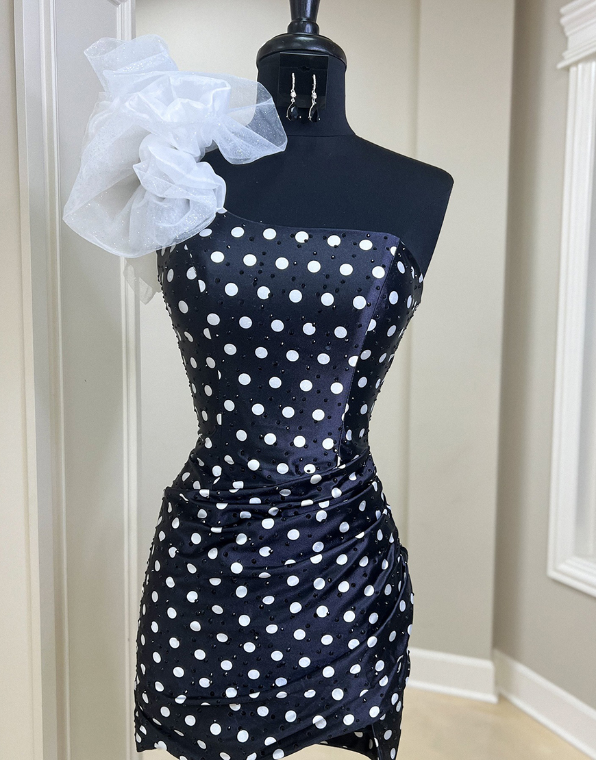 Blue White Dots One Shoulder Tight Short Homecoming Dress