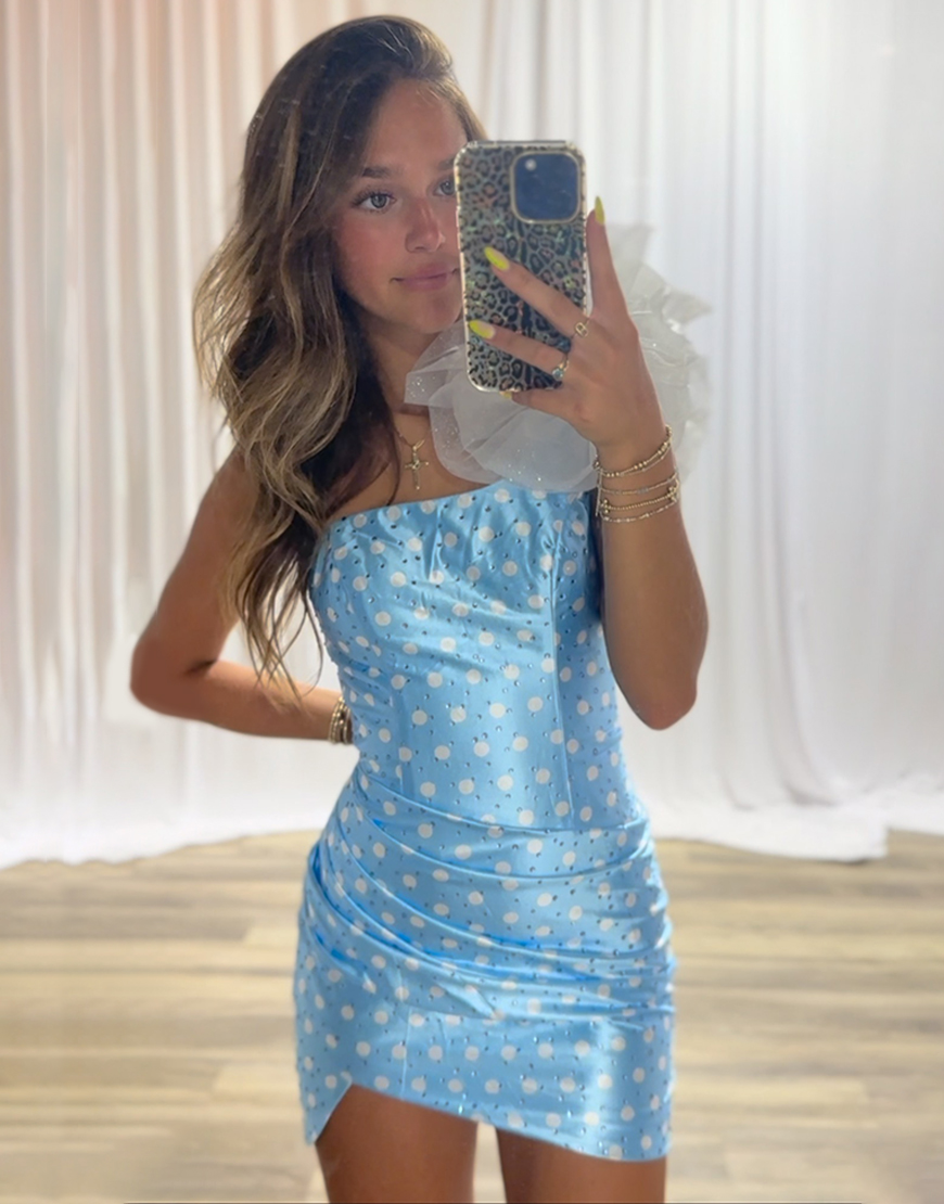 Blue White Dots One Shoulder Tight Short Homecoming Dress