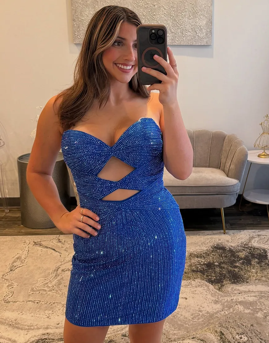 Sparkly Black Tight Short Cut Out Homecoming Dress with Beading