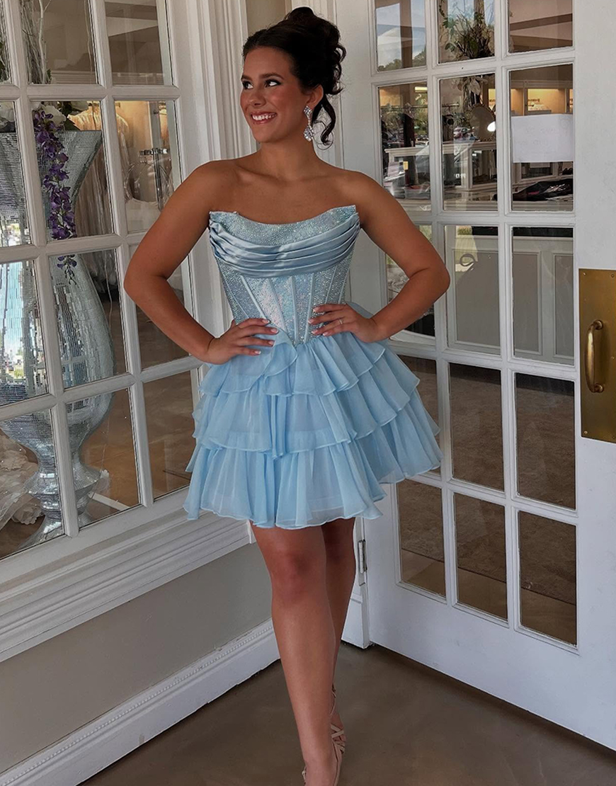 Sparkly Black Corset A Line Beaded Short Homecoming Dress with Ruffles