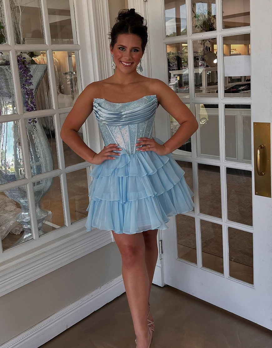 Sparkly Black Corset A Line Beaded Short Homecoming Dress with Ruffles