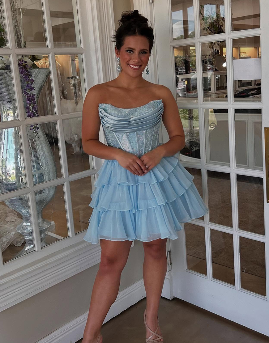 Sparkly Black Corset A Line Beaded Short Homecoming Dress with Ruffles