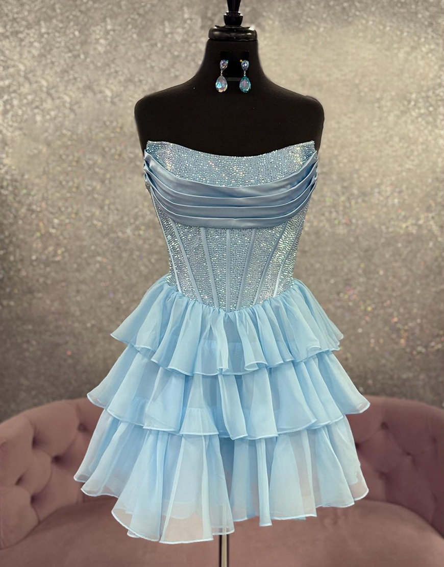 Sparkly Black Corset A Line Beaded Short Homecoming Dress with Ruffles