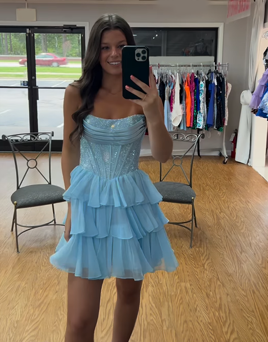 Sparkly Navy Corset A Line Beaded Short Homecoming Dress with Ruffles