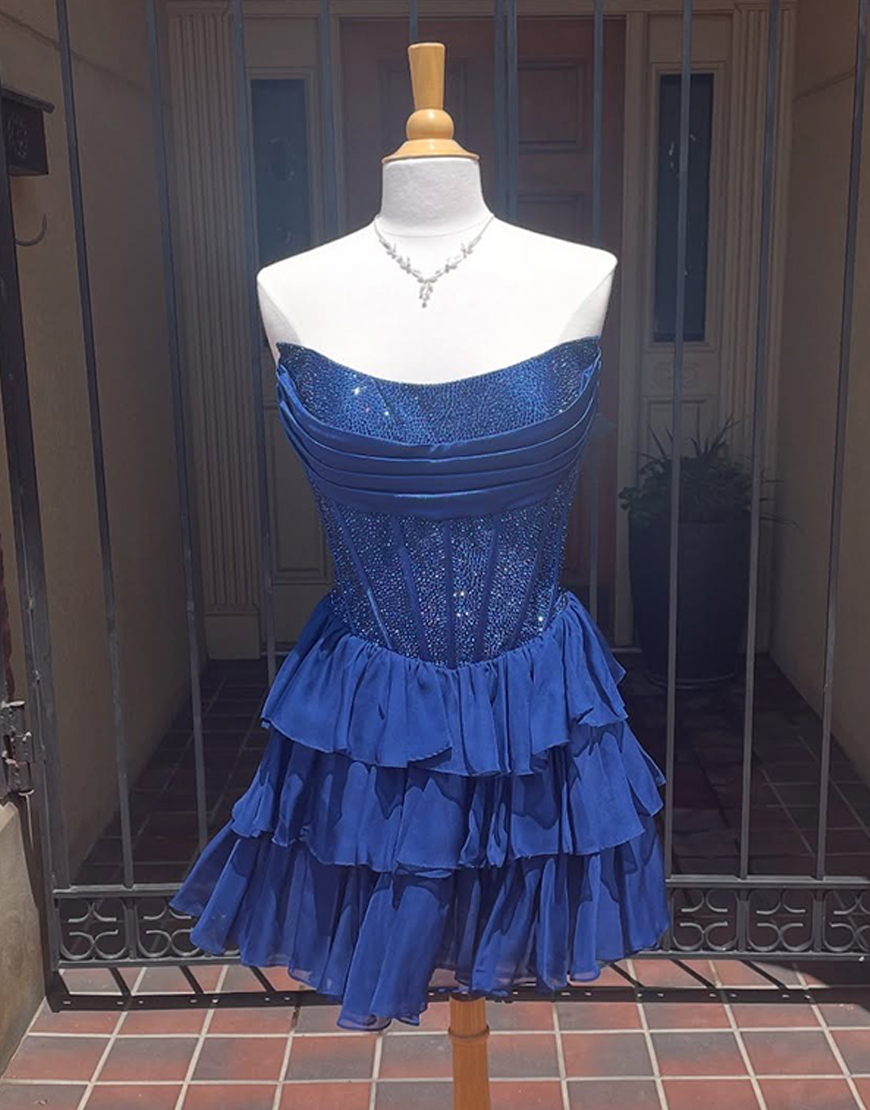 Sparkly Navy Corset A Line Beaded Short Homecoming Dress with Ruffles