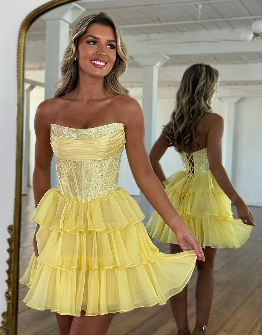 Sparkly Yellow Corset Beaded A Line Short Homecoming Dress with Ruffles