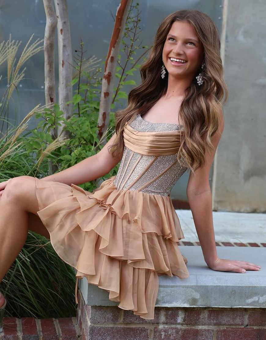 Sparkly Black Corset A Line Beaded Short Homecoming Dress with Ruffles