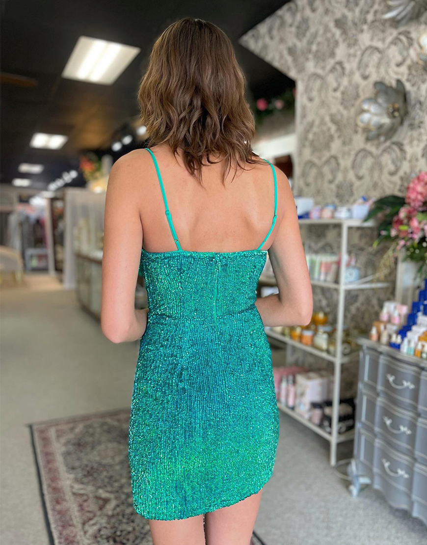 Sparkly Green Cowl Neck Sequin Bodycon Short Homecoming Dress