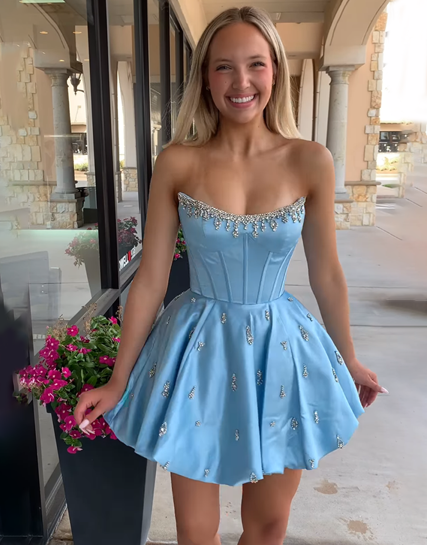 Sparkly Pink Strapless Corset Short Homecoming Dress with Rhinestone