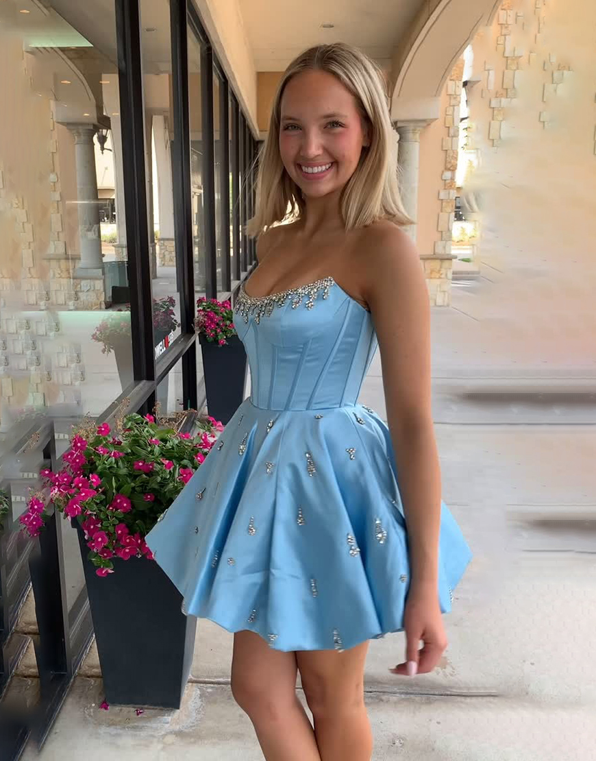 Sparkly Pink Strapless Corset Short Homecoming Dress with Rhinestone