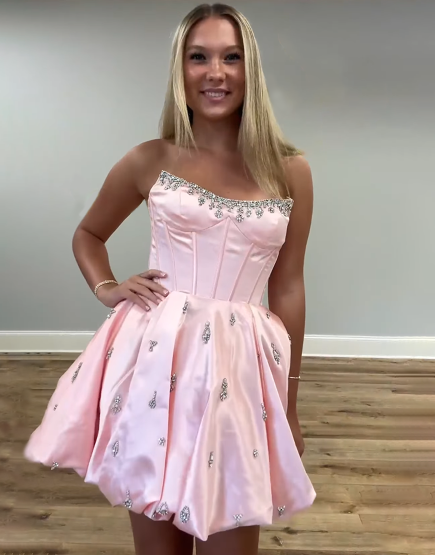 Sparkly Pink Strapless Corset Short Homecoming Dress with Rhinestone