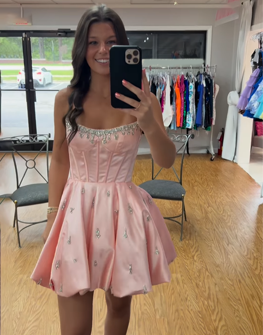 Sparkly Pink Strapless Corset Short Homecoming Dress with Rhinestone