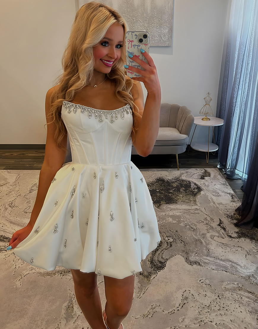 Sparkly White A Line Short Corset Homecoming Dress with Rhinestone