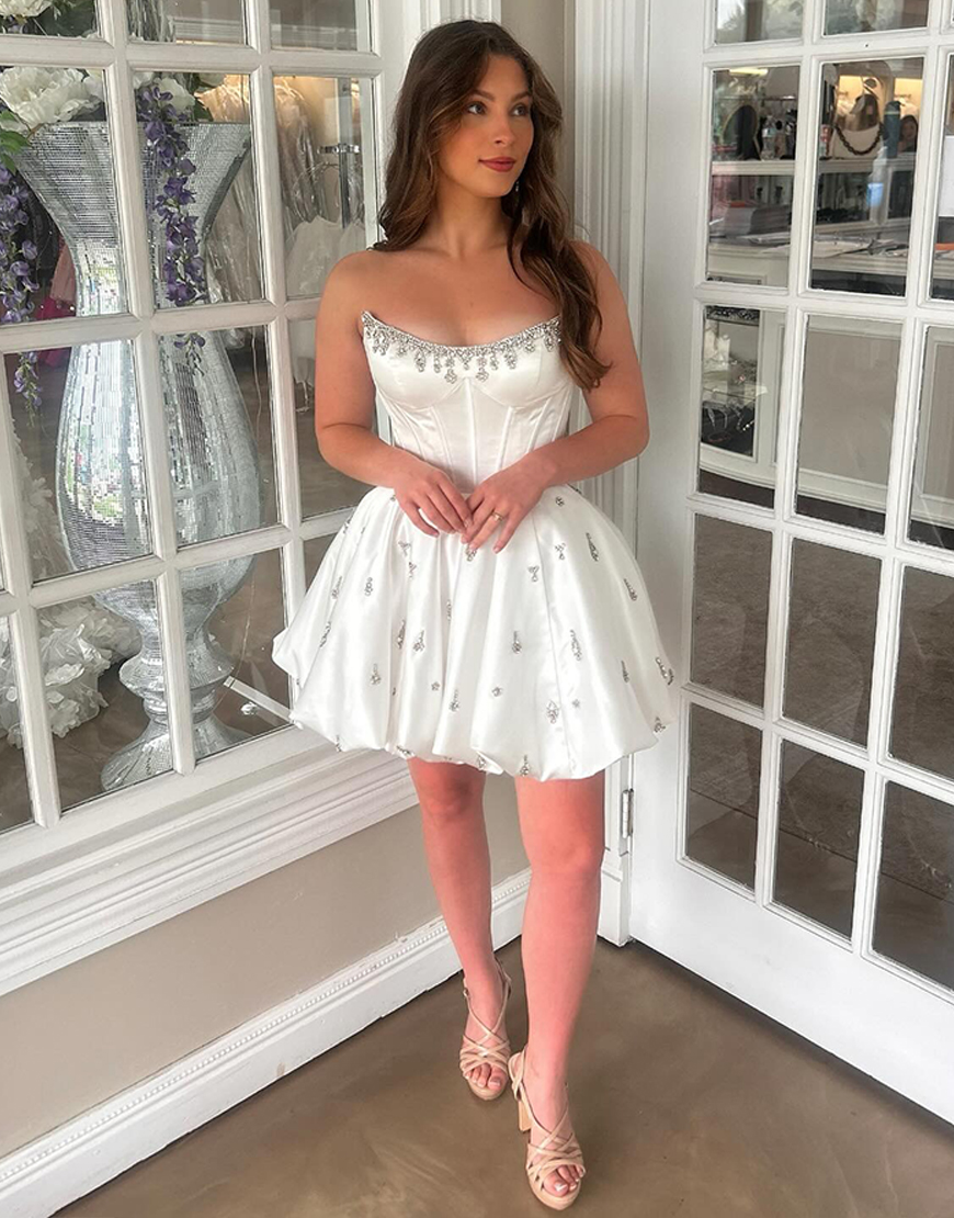 Sparkly Pink Strapless Corset Short Homecoming Dress with Rhinestone