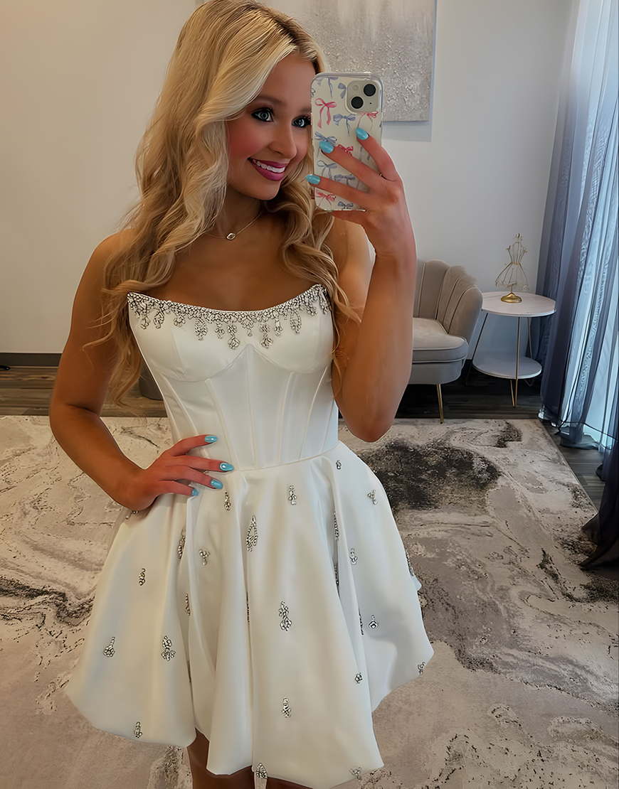 Sparkly White A Line Short Corset Homecoming Dress with Rhinestone