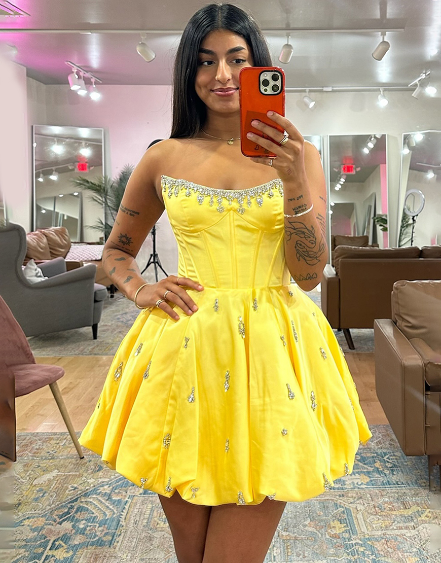 Sparkly Pink Strapless Corset Short Homecoming Dress with Rhinestone