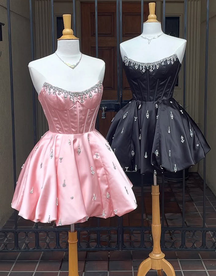 Sparkly Pink Strapless Corset Short Homecoming Dress with Rhinestone