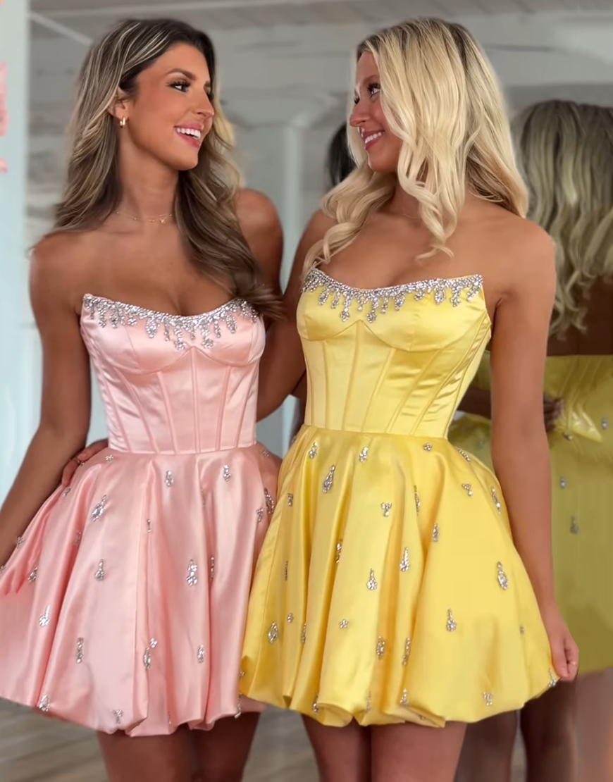 Sparkly Pink Satin Short Corset Homecoming Dress with Rhinestone