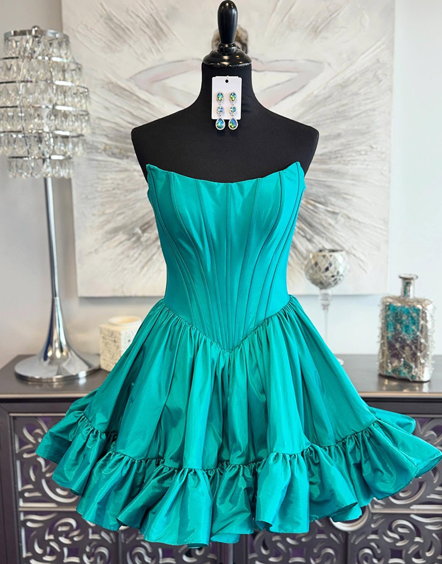 Turquoise Corset A Line Satin Short Homecoming Dress with Ruffles